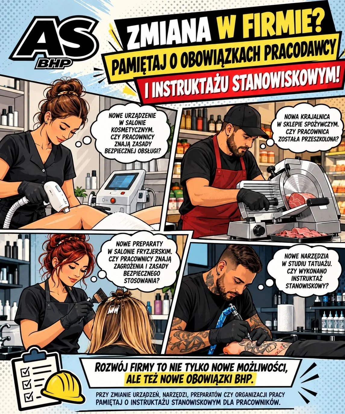 Komiks: nowe urządzenia w salonie kosmetycznym, fryzjerskim, sklepie i studiu tatuażu — czy przeprowadzono instruktaż stanowiskowy?