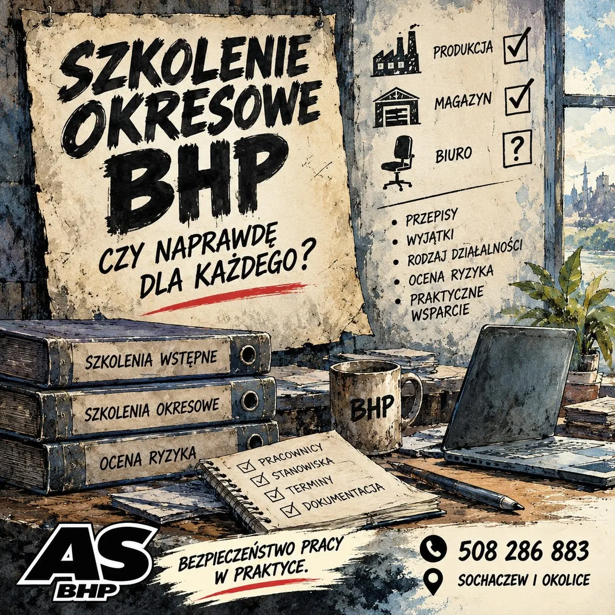 Plakat: szkolenie okresowe BHP — czy naprawdę dla każdego? Produkcja, magazyn, biuro