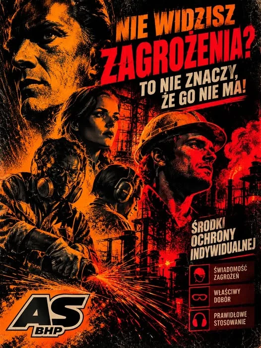 Plakat: nie widzisz zagrożenia? To nie znaczy, że go nie ma — środki ochrony indywidualnej